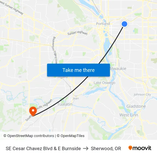 SE Cesar Chavez Blvd & E Burnside to Sherwood, OR map