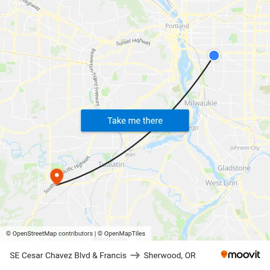 SE Cesar Chavez Blvd & Francis to Sherwood, OR map