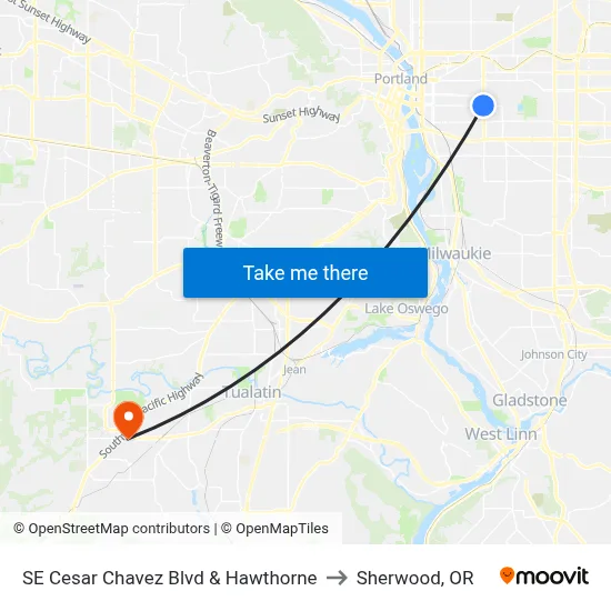 SE Cesar Chavez Blvd & Hawthorne to Sherwood, OR map