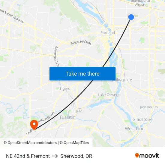 NE 42nd & Fremont to Sherwood, OR map