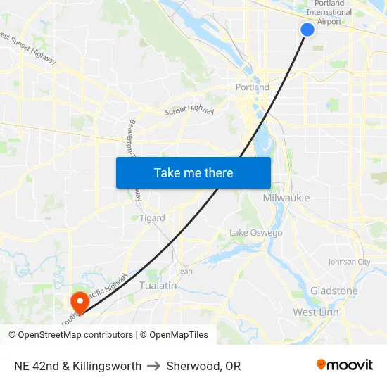 NE 42nd & Killingsworth to Sherwood, OR map