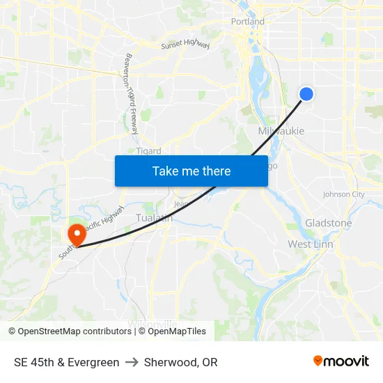 SE 45th & Evergreen to Sherwood, OR map