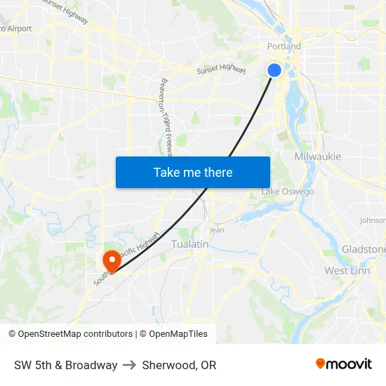SW 5th & Broadway to Sherwood, OR map