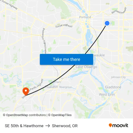 SE 50th & Hawthorne to Sherwood, OR map