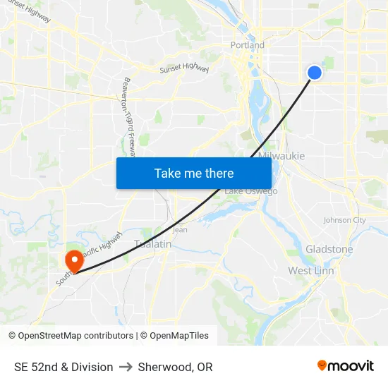SE 52nd & Division to Sherwood, OR map