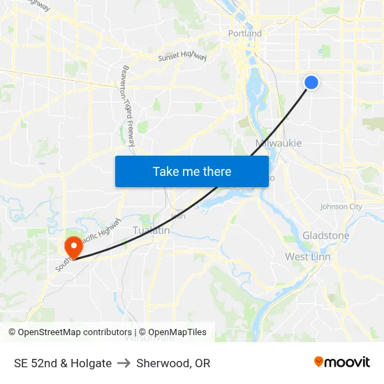SE 52nd & Holgate to Sherwood, OR map