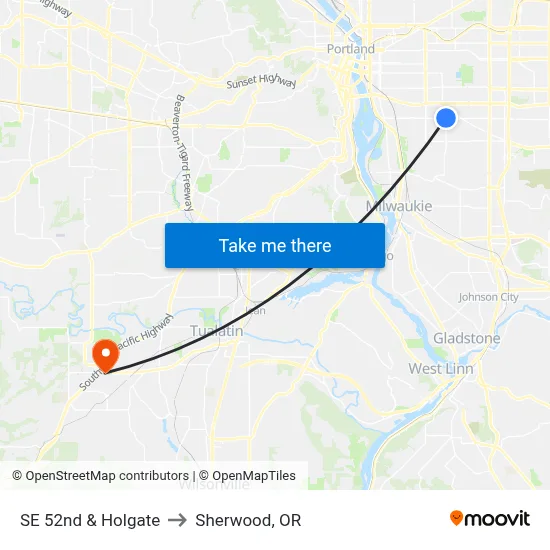 SE 52nd & Holgate to Sherwood, OR map