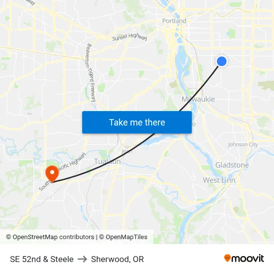 SE 52nd & Steele to Sherwood, OR map