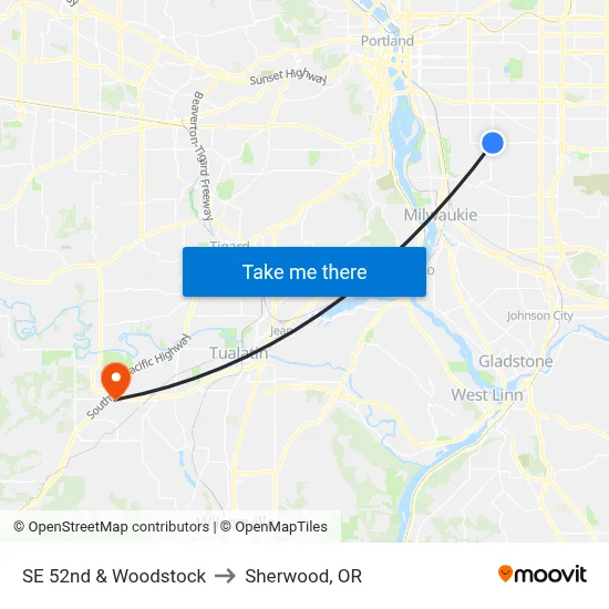 SE 52nd & Woodstock to Sherwood, OR map