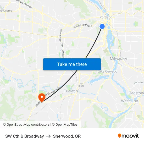 SW 6th & Broadway to Sherwood, OR map