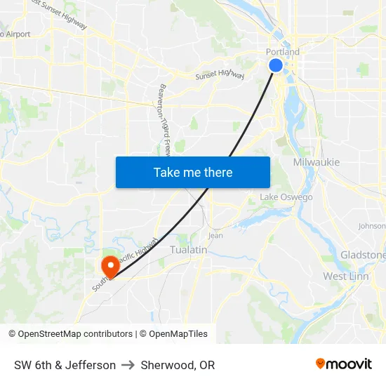 SW 6th & Jefferson to Sherwood, OR map