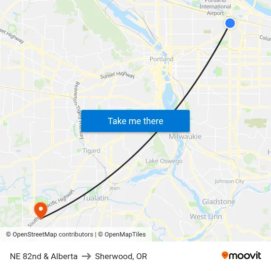 NE 82nd & Alberta to Sherwood, OR map