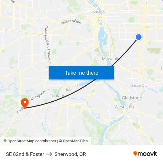 SE 82nd & Foster to Sherwood, OR map