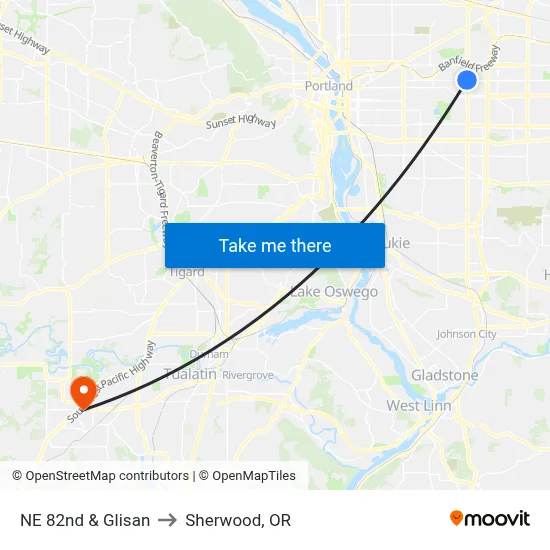 NE 82nd & Glisan to Sherwood, OR map