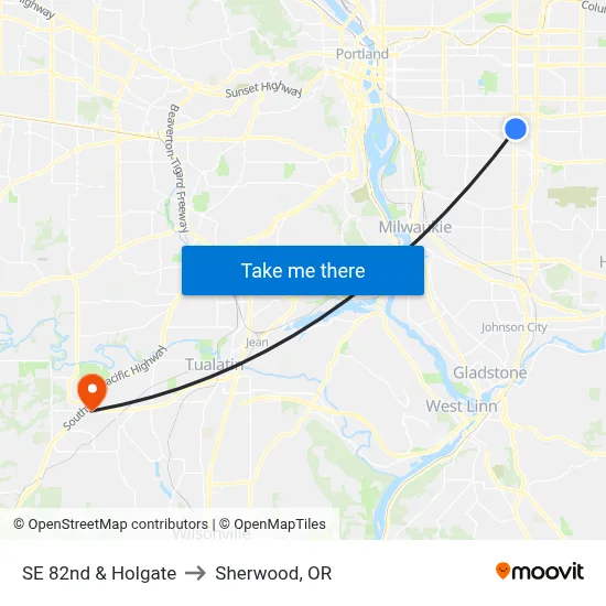 SE 82nd & Holgate to Sherwood, OR map