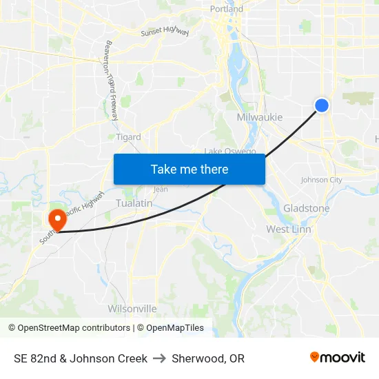 SE 82nd & Johnson Creek to Sherwood, OR map