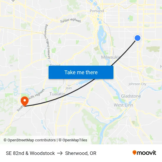 SE 82nd & Woodstock to Sherwood, OR map