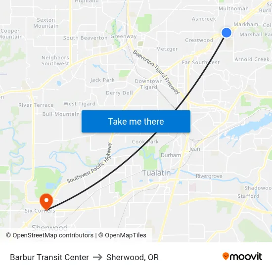 Barbur Transit Center to Sherwood, OR map