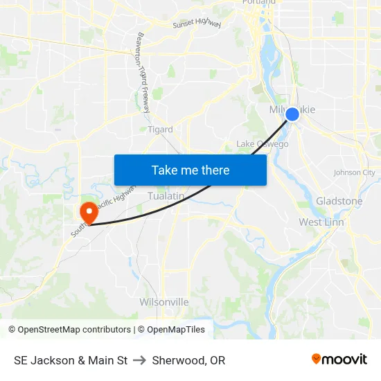 SE Jackson & Main St to Sherwood, OR map