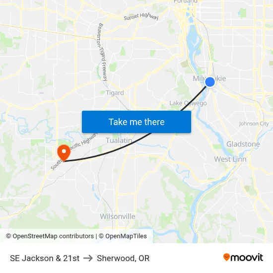 SE Jackson & 21st to Sherwood, OR map