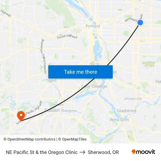 NE Pacific St & the Oregon Clinic to Sherwood, OR map