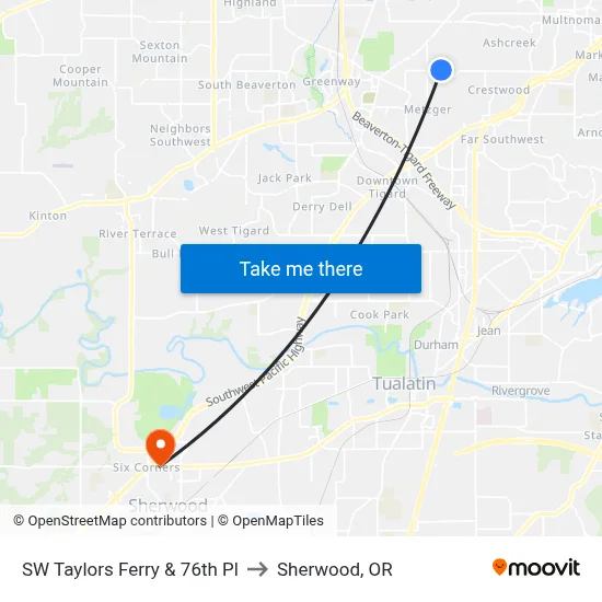 SW Taylors Ferry & 76th Pl to Sherwood, OR map