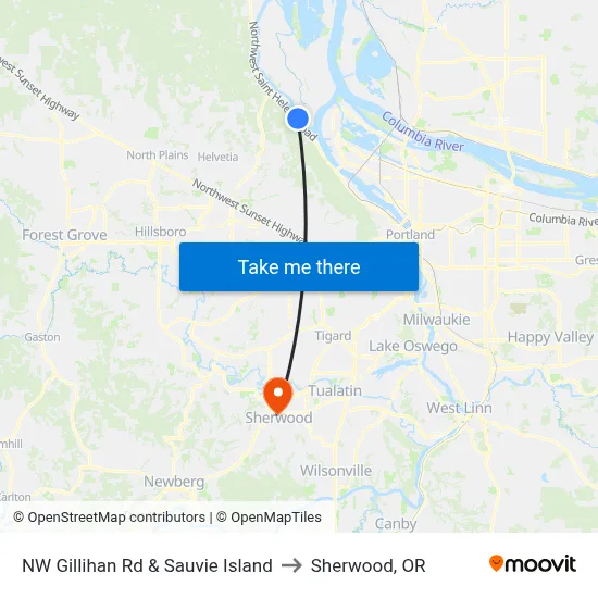 NW Gillihan Rd & Sauvie Island to Sherwood, OR map