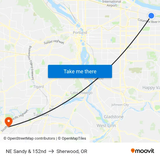 NE Sandy & 152nd to Sherwood, OR map