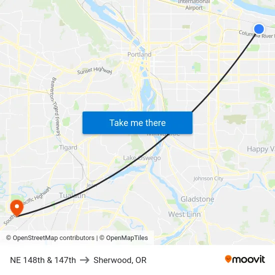 NE 148th & 147th to Sherwood, OR map