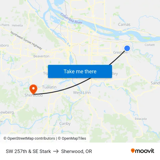 SW 257th & SE Stark to Sherwood, OR map