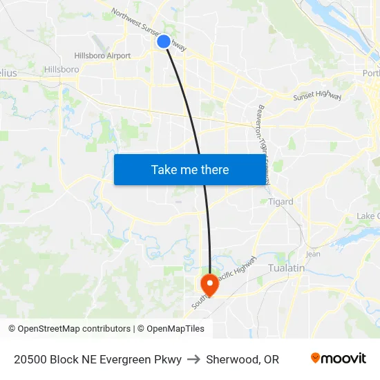 20500 Block NE Evergreen Pkwy to Sherwood, OR map