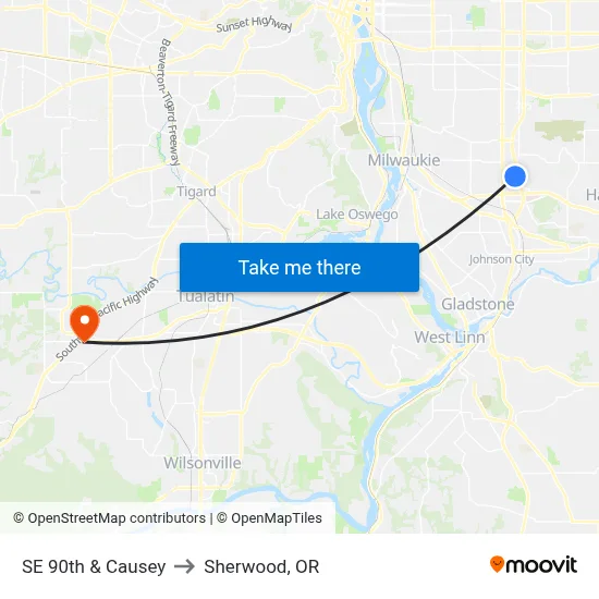 SE 90th & Causey to Sherwood, OR map