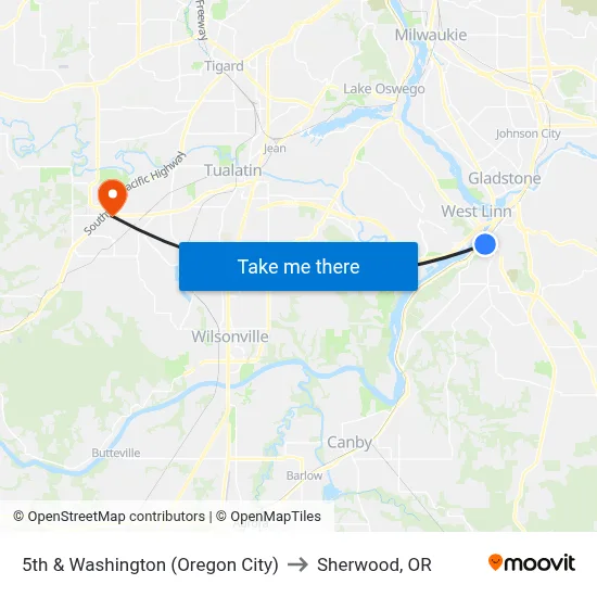 5th & Washington (Oregon City) to Sherwood, OR map