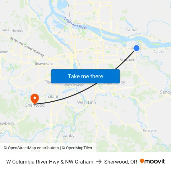 W Columbia River Hwy & NW Graham to Sherwood, OR map