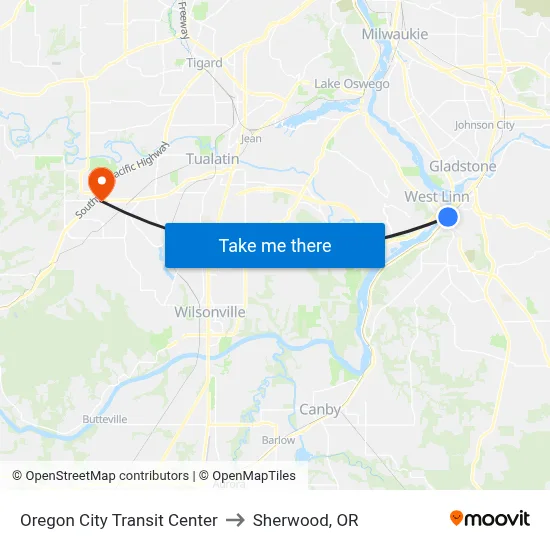 Oregon City Transit Center to Sherwood, OR map