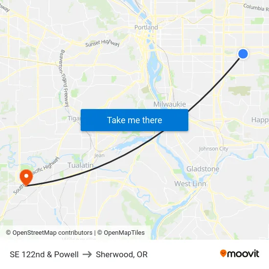 SE 122nd & Powell to Sherwood, OR map