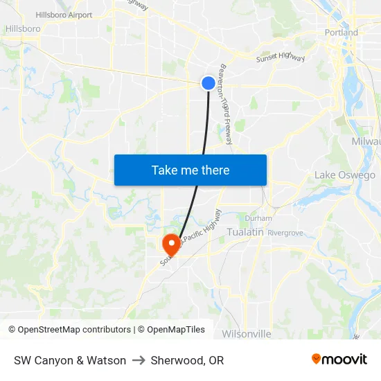 SW Canyon & Watson to Sherwood, OR map