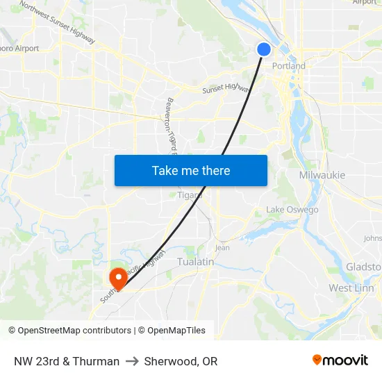 NW 23rd & Thurman to Sherwood, OR map