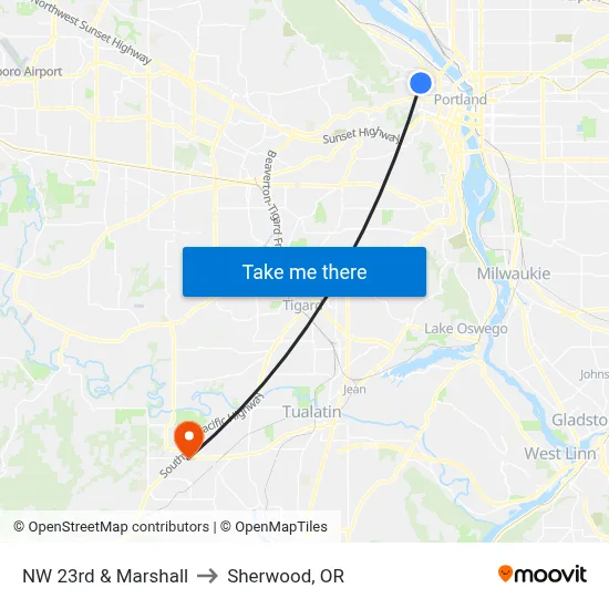 NW 23rd & Marshall to Sherwood, OR map