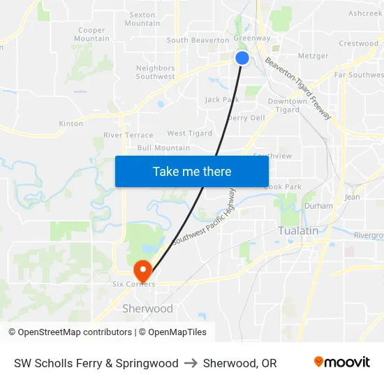 SW Scholls Ferry & Springwood to Sherwood, OR map