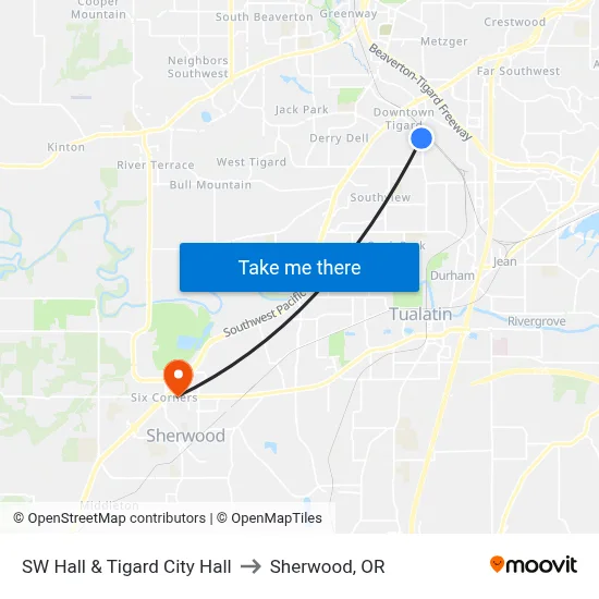SW Hall & Tigard City Hall to Sherwood, OR map