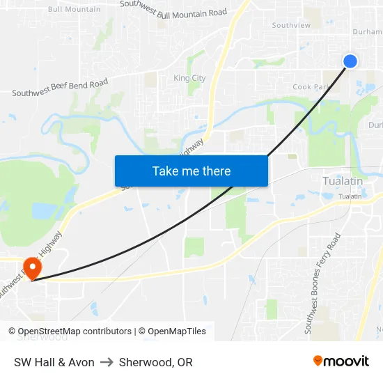 SW Hall & Avon to Sherwood, OR map