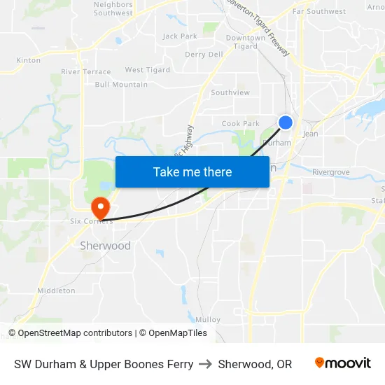 SW Durham & Upper Boones Ferry to Sherwood, OR map