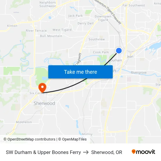 SW Durham & Upper Boones Ferry to Sherwood, OR map