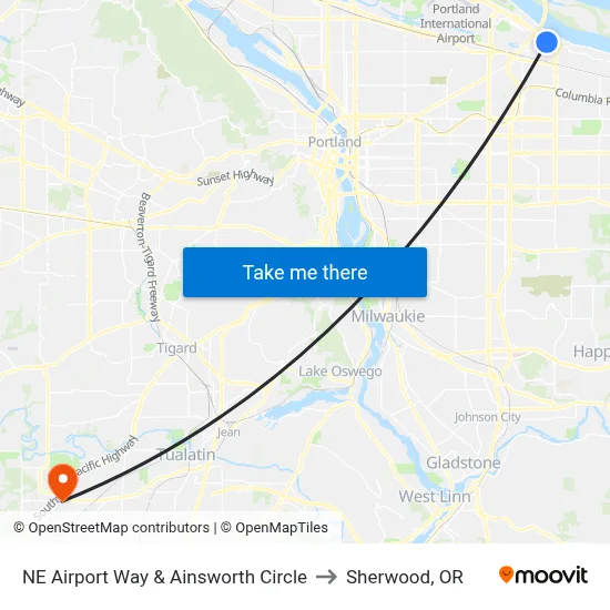 NE Airport Way & Ainsworth Circle to Sherwood, OR map