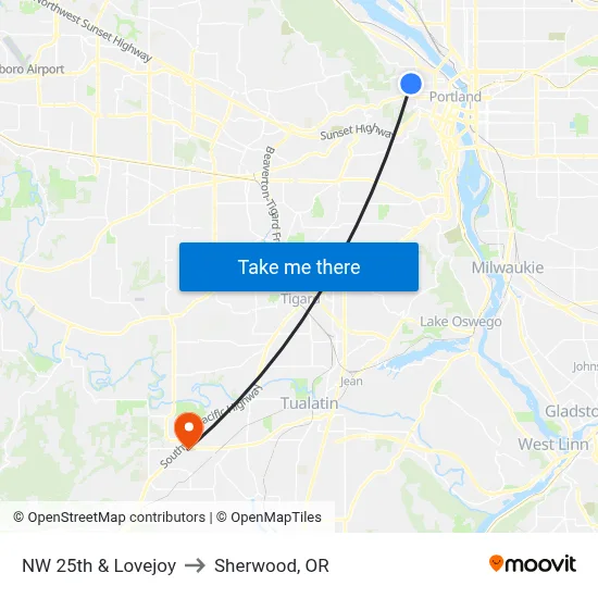NW 25th & Lovejoy to Sherwood, OR map