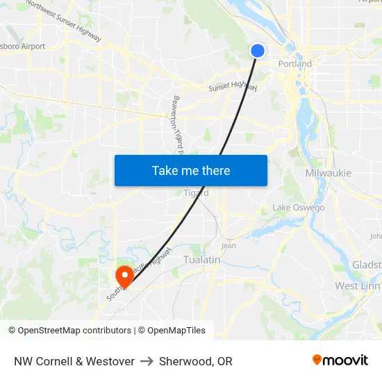 NW Cornell & Westover to Sherwood, OR map