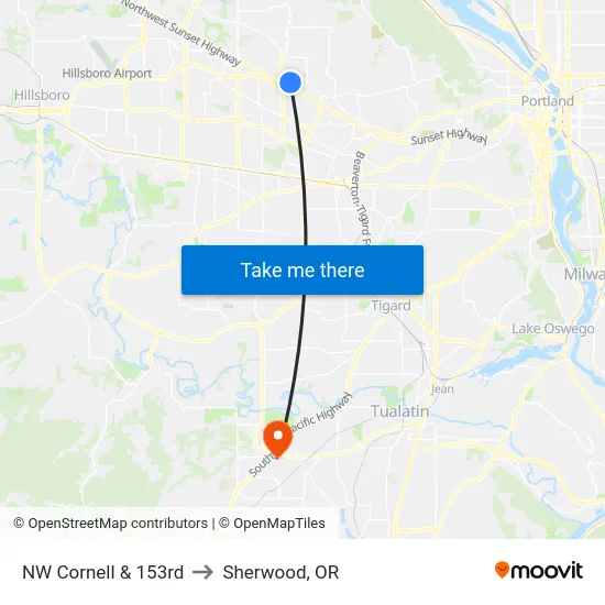 NW Cornell & 153rd to Sherwood, OR map