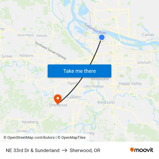NE 33rd Dr & Sunderland to Sherwood, OR map
