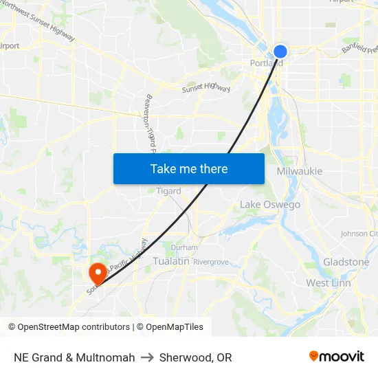 NE Grand & Multnomah to Sherwood, OR map